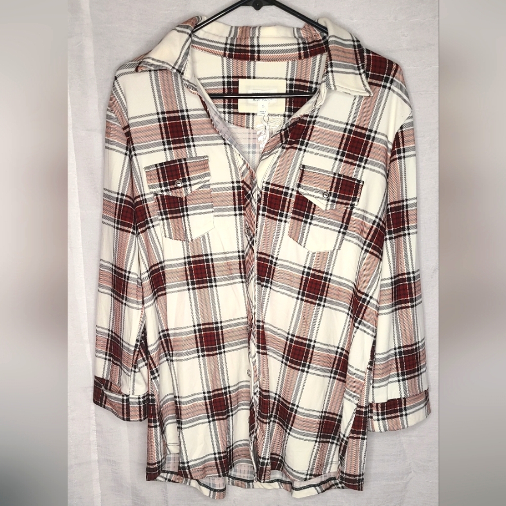 NWT Market & Spruce Stretchy Plaid Perrina Button Down Knit Top size XL